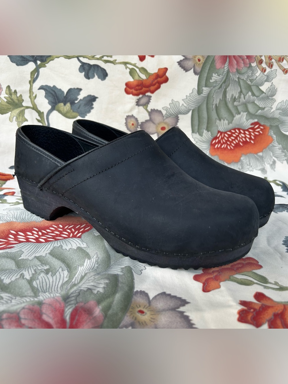 Sanita Black Leather Clogs